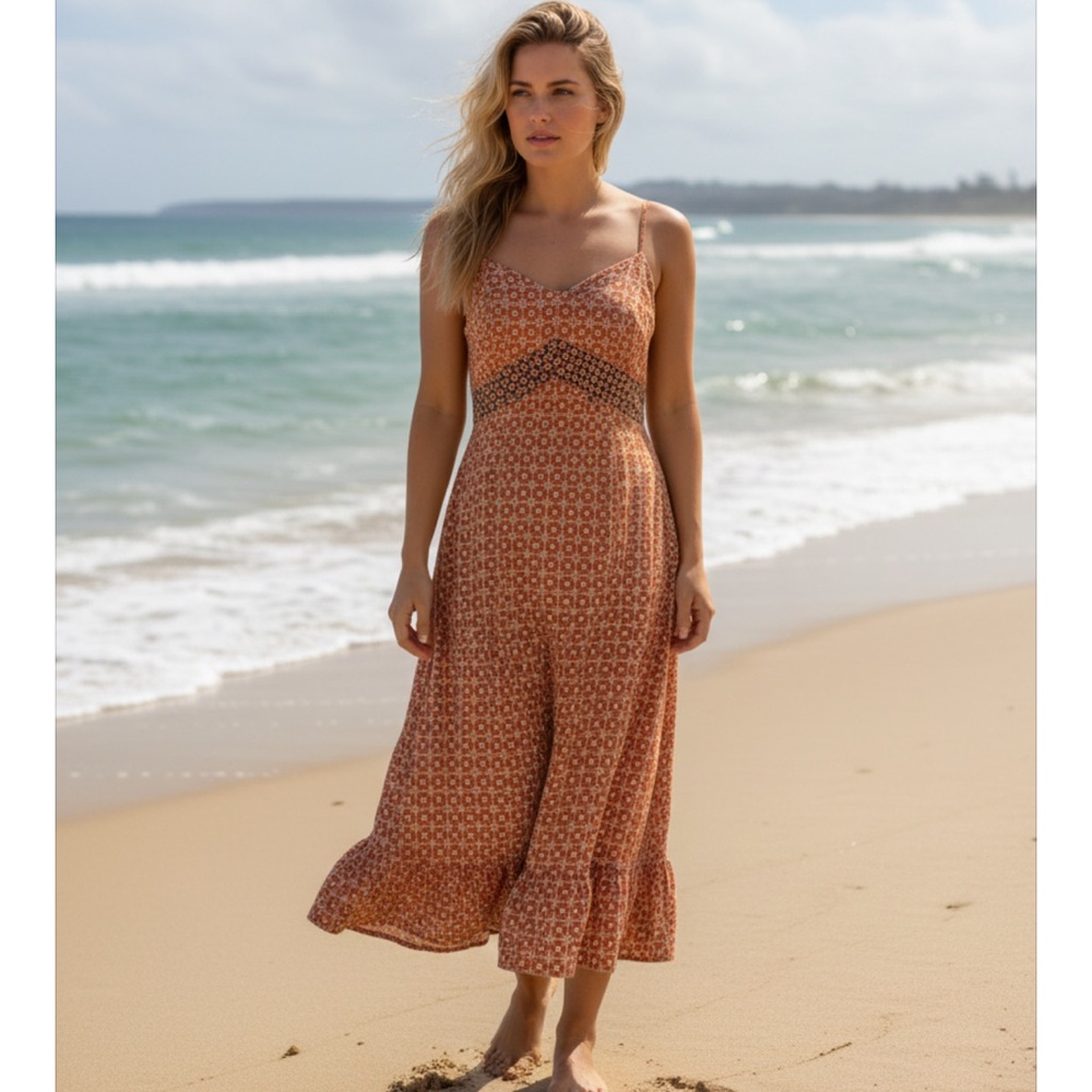 LOFT Terracotta Patterned boho chic, spaghetti strap summer Maxi Dress